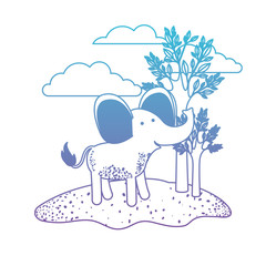elephant cartoon in outdoor scene with trees and clouds in degraded blue to purple color silhouette vector illustration