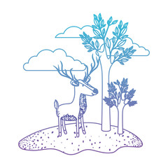 deer cartoon with long horns in outdoor scene with trees and clouds in degraded blue to purple color silhouette vector illustration