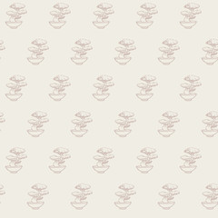 Hand drawn vector asian seamless pattern with japanese bonsai tree contours. Oriental ornament in pastel colors on the beige background.