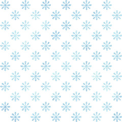 Hand painted watercolor blue snowflakes seamless pattern on the white background. Winter decoration.
