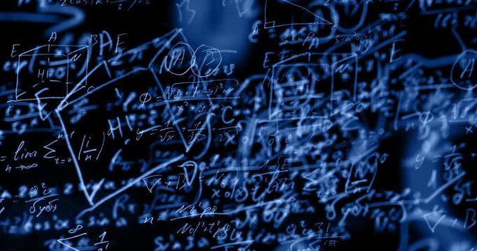 Mathematical formulas moving in on black background