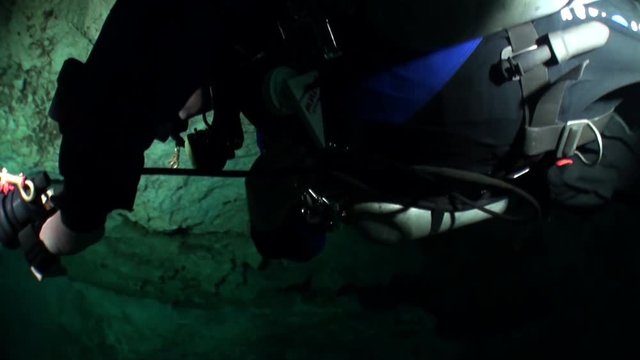 Yucatan Mexico cenotes underwater. Scuba diving in clean and clear underground water.