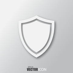 Shield icon in white  style with shadow isolated on grey background.