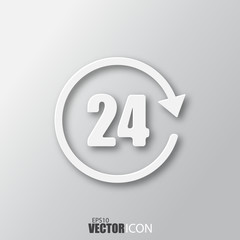 24 hours icon in white style with shadow isolated on grey background.