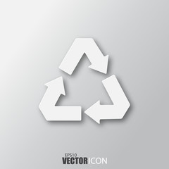 Recycle arrow icon in white style with shadow isolated on grey background.