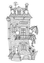 Fairytale house with a terrace and sunshade. Hand drawn picture. Sketch for anti-stress coloring page in zen-tangle style. Vector illustration.