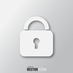 Lock icon in white style with shadow isolated on grey background.