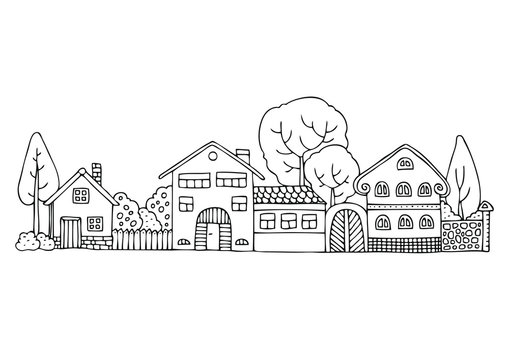 Street in the neighborhood. Hand drawn picture. Sketch for coloring book. Vector illustration for coloring page, isolated on white background. Template for poster. 