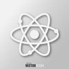 Atom icon in white style with shadow isolated on grey background.