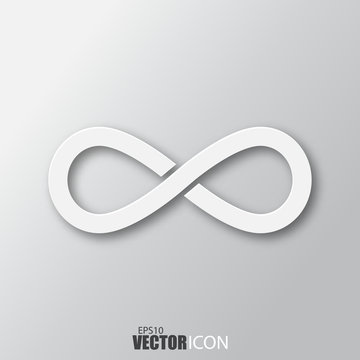 Infinity icon in white style with shadow isolated on grey background.