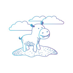 hippopotamus cartoon in outdoor scene with clouds in degraded blue to purple color silhouette vector illustration
