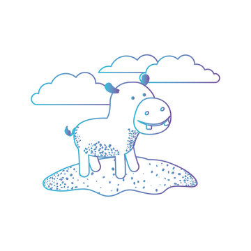 hippopotamus cartoon in outdoor scene with clouds in degraded blue to purple color silhouette vector illustration