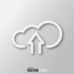 Cloud upload icon in white style with shadow isolated on grey background.