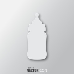 Baby bottle icon in white style with shadow isolated on grey background.