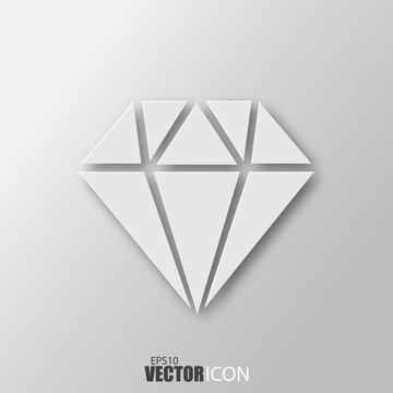 Diamond icon in white style with shadow isolated on grey background.