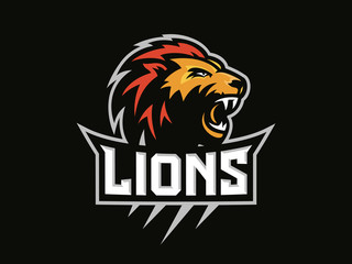 Lions head - sport logo, emblem on a dark background