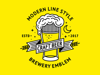 Beer logo - vector illustration, emblem brewery design with glass and ribbon modern line style.