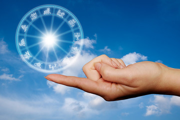 female hand with finger holding an astrological wheel with zodiac signs over blue sky 