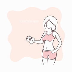 Sporty fit woman in the gym. Picture of a beautiful sexy girl with dumbbells in her hands. Vector illustration of a graphic outline silhouette