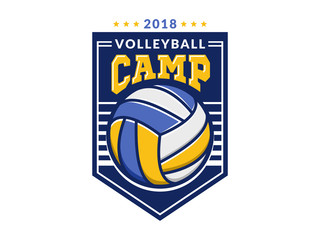 Volleyball camp logo, emblem, icons, designs templates with volleyball ball and shield on a light background
