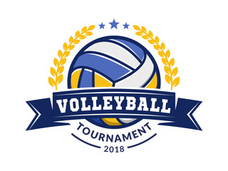 Volleyball tournament logo, emblem, icons, designs templates with volleyball ball and tape on a light background