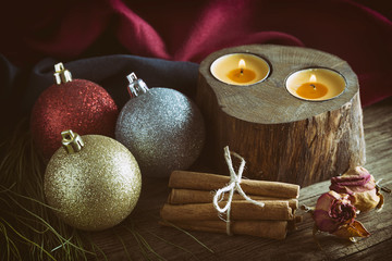 Christmas Ornaments On A Wooden Table