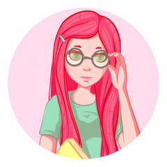 Red-haired girl with book. Illustration. Art creation. Circle web icon