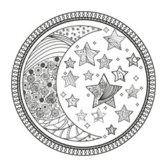 Circle mandala. Line background. Hand drawn lines. Zentangle. Half moon and stars. Doodle for design. Design for spiritual relaxation for adults. Wallpaper. Art creative