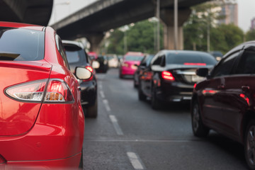 traffic jam with row of cars on toll way