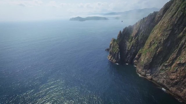 Drone shoot along the coast of Russia on a sunny day.