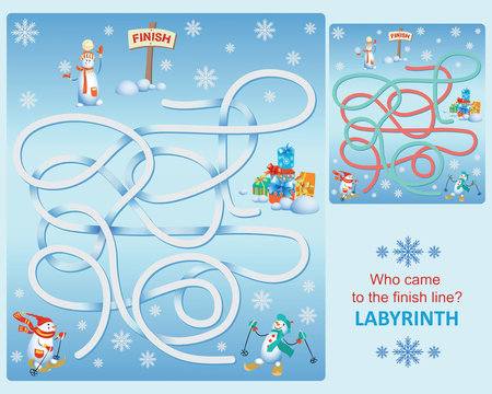 Snowmen on skis. Labyrinth. Who came to the finish line? Design of educational game. Snowmen in the style of cartoon characters.