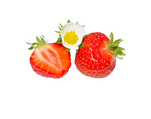 Strawberries with leaf isolated on a white.  Fresh red berry strawberry.