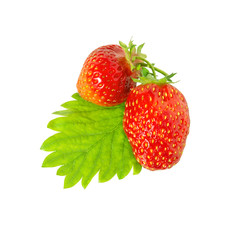 Strawberries with leaf isolated on a white.  Fresh red berry strawberry.