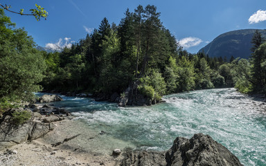 The River Soca in Slovenia on a sunny day