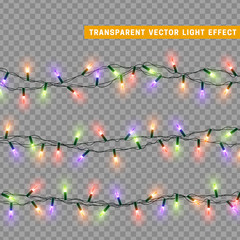 Christmas lights isolated realistic design elements. Glowing lights for Xmas Holiday greeting card design. Garlands, Christmas decorations. Led neon lamp