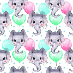 Stickers fenêtre Animaux avec ballon Éléphant aquarelle. Illustration de dessin animé mignon, isolé sur fond blanc 2