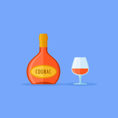 Bottle and glass of cognac isolated on blue background. Flat style icon. Vector illustration.
