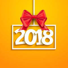 Vector 2018 Happy New Year background with red gift bow. Christmas holiday new year celebration card