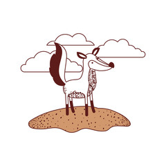 fox cartoon in outdoor scene with clouds in color sections silhouette vector illustration