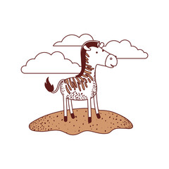 zebra cartoon in outdoor scene with clouds in color sections silhouette vector illustration