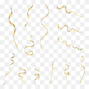 Gold Streamers Set. Golden Serpentine Ribbons, Isolated On