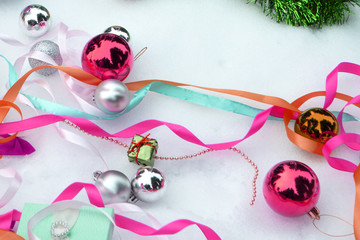 Christmas balls. and satin ribbons