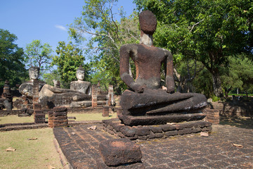 Ancient sculptures on the ruins of a Buddhist temple Wat Phra Kaeo. Kampaeng Phet, Thailand