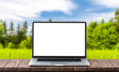 Modern laptop with empty white screen on wooden table against blurred landscape