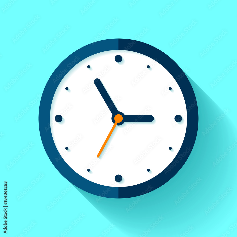 Poster clock icon in flat style, timer on blue background. business watch. vector design element for you pr