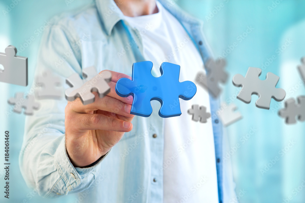 Poster puzzle pieces on a futuristic interface - 3d rendering