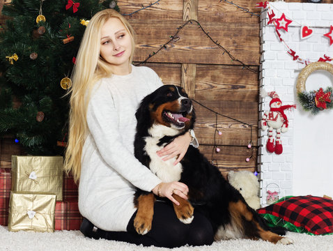 woman and a dog near a Christmas tree