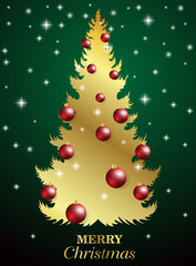 Merry Christmas,New year card and glitter decoration. green and gold background with pine trees and balls. Vector illustration.