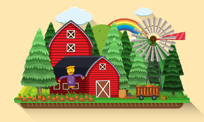 Farm scene with carrots garden and red barns