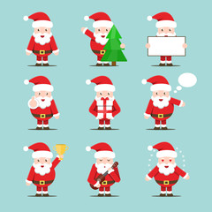 Vector set of cartoon isolated Santa Claus character for decoration and covering on the bright background. Concept of Merry Christmas and Happy New Year.